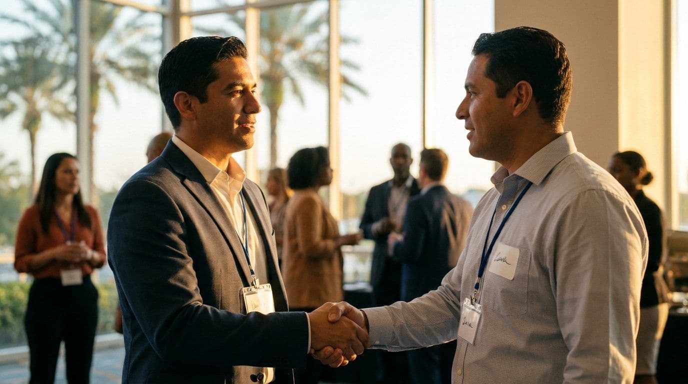 Empresarios latinos conversando en un evento de networking.